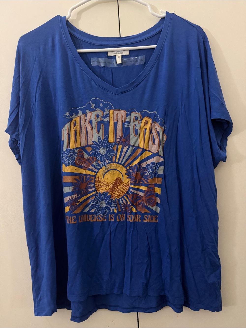 Blue 'Take It Easy' Graphic V-Neck Women’s Top